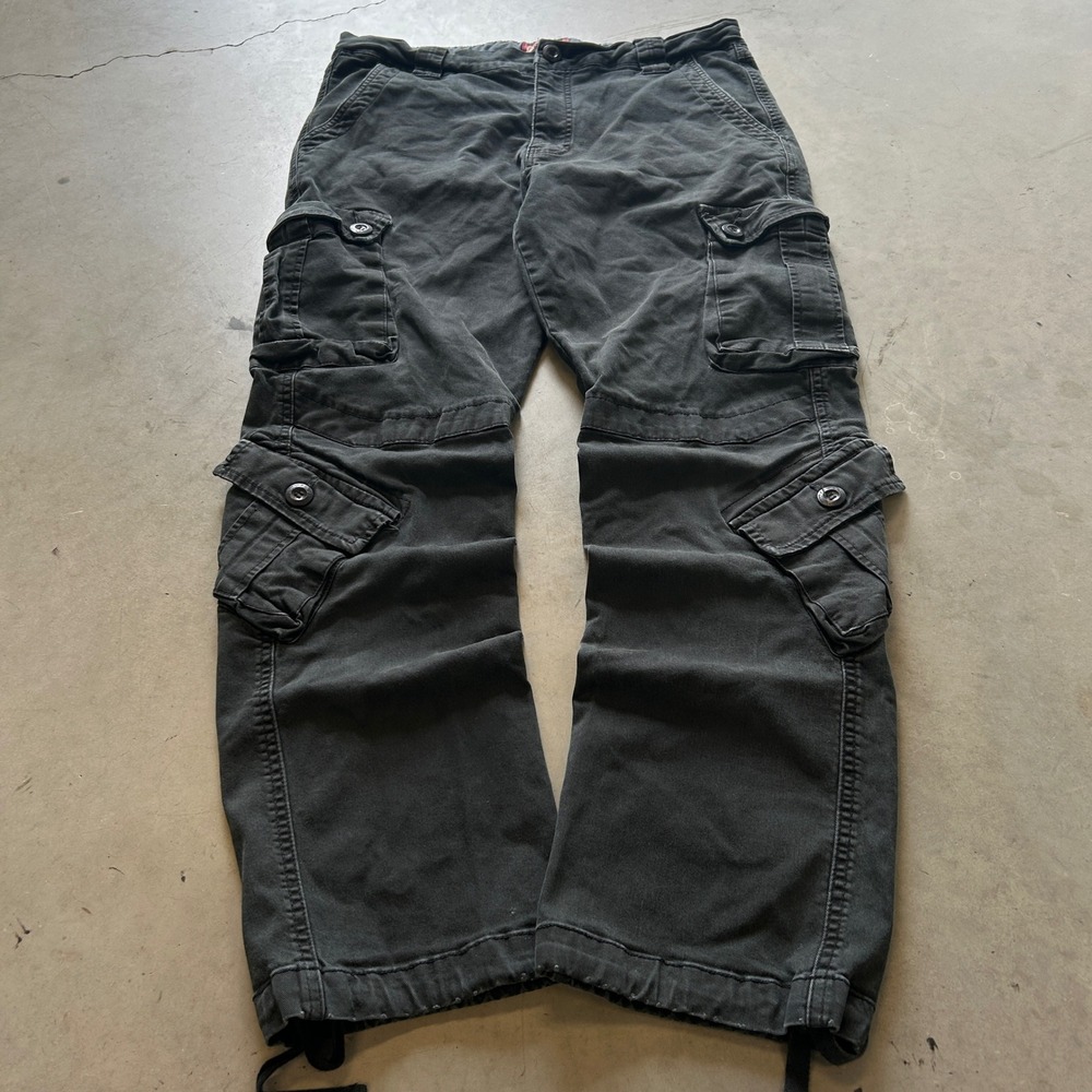 Matchstick Mens Cargo Pants Faded Black Multi Pocket Utility Trousers 34x30